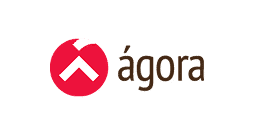 Logo with a red circle containing a white upward arrow symbol, next to the word ágora written in lowercase brown letters on a light background.