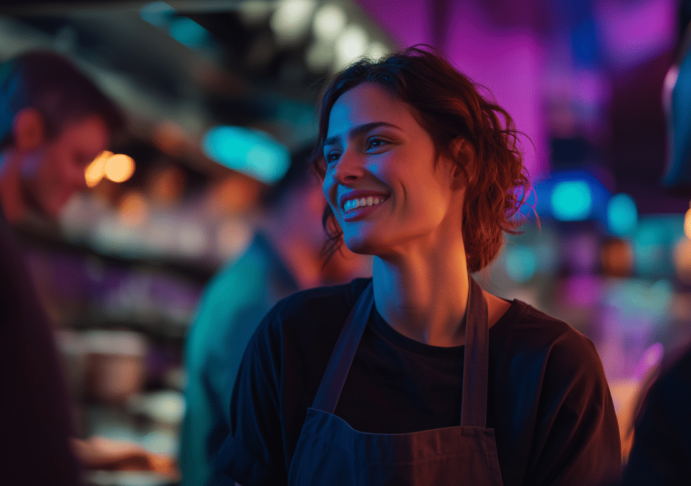 A woman wearing an apron smiles in a brightly lit, colourful restaurant kitchen, with blurred people working in the background.