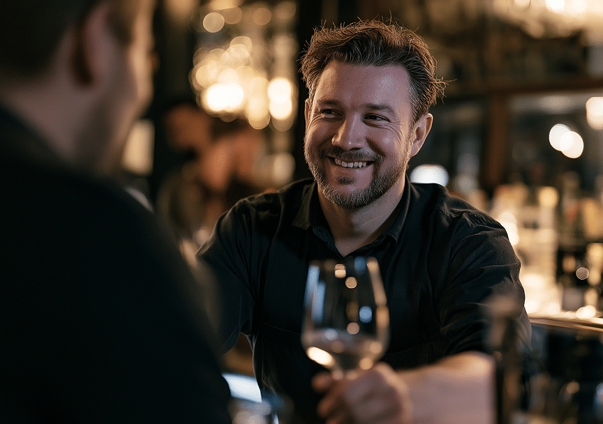 Smiling man holding a wine glass sits at a bar, engaged in conversation with another person. Warm, soft lighting creates a cosy and relaxed atmosphere.