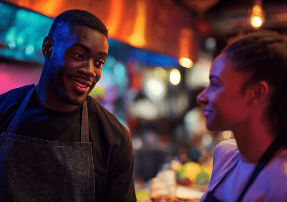 A man and woman wearing aprons smile at each other in a warmly lit, colourful restaurant or café setting, suggesting a friendly conversation while working.