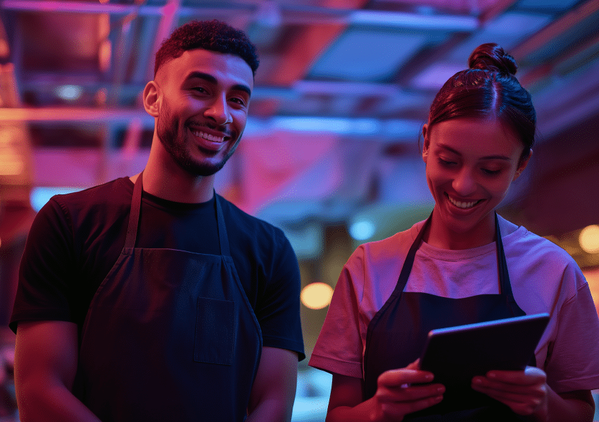 Two people wearing aprons stand under colourful lighting; one smiles at the camera while the other looks down at a tablet, appearing engaged and cheerful, possibly working together in a modern restaurant or café setting.