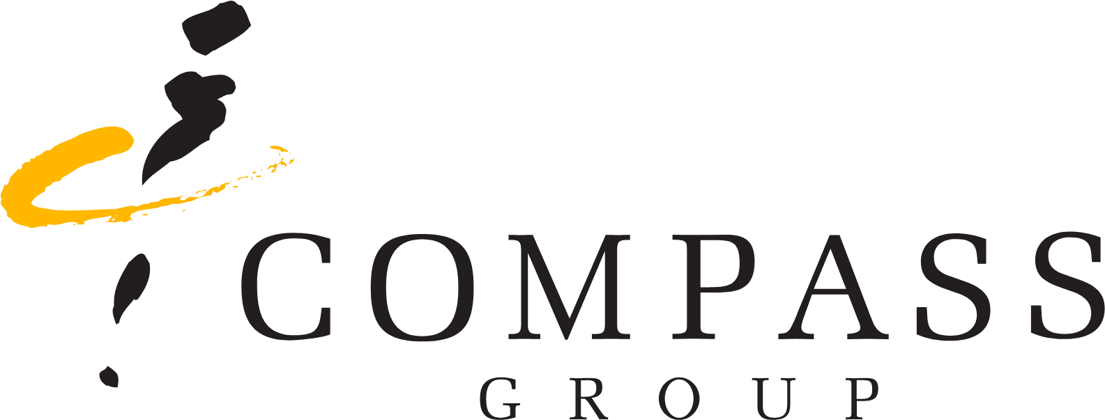 Compass Group logo with black stylised figure and a yellow swoosh, above the word COMPASS in large black letters. GROUP appears in smaller letters below. White background.
