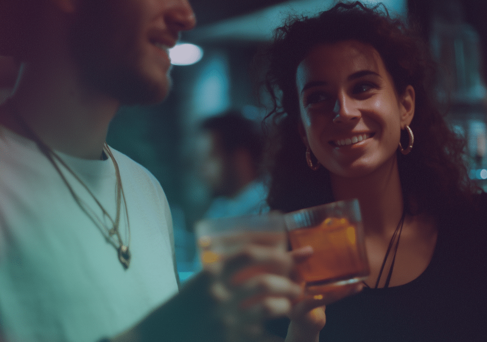 A man and woman smile and hold drinks in a dimly lit pub, enjoying a conversation. The background is softly blurred, highlighting their joyful expressions and warm, casual atmosphere.