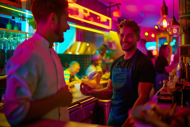 Two men talk and smile behind a counter in a neon-lit restaurant kitchen, with one wearing an apron. Warm and colourful lights create a lively, modern atmosphere. Diners can be seen in the background.