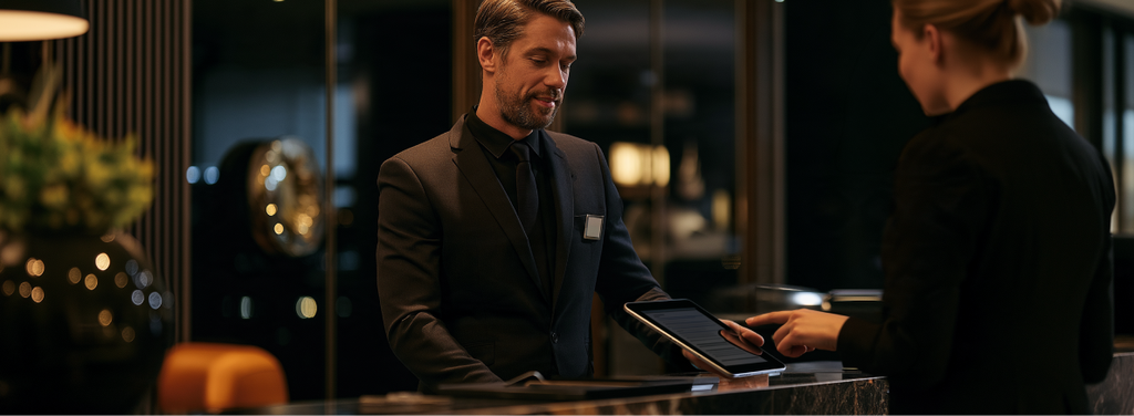 A hotel receptionist in a suit assists a guest at the reception desk, holding a tablet whilst the guest points at it. The lobby is modern and warmly lit.