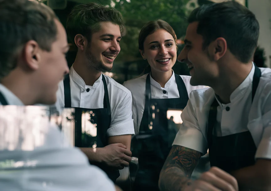 Four young restaurant staff in uniforms stand together indoors, laughing and talking. The atmosphere is casual and friendly, showing teamwork and camaraderie among colleagues near a window with greenery outside.