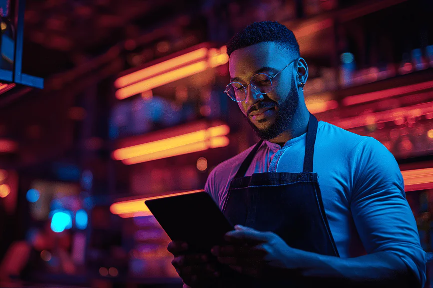 A man wearing glasses and an apron stands in a neon-lit bar, looking down and smiling whilst using a digital tablet. Shelves with bottles and colourful lights fill the background.