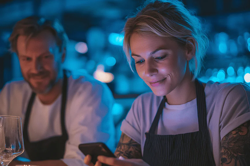 A tattooed blonde woman in a black apron looks down at her mobile with a soft smile, while a man in an apron sits blurred in the background. The scene is lit with moody blue light, suggesting a restaurant or bar setting.