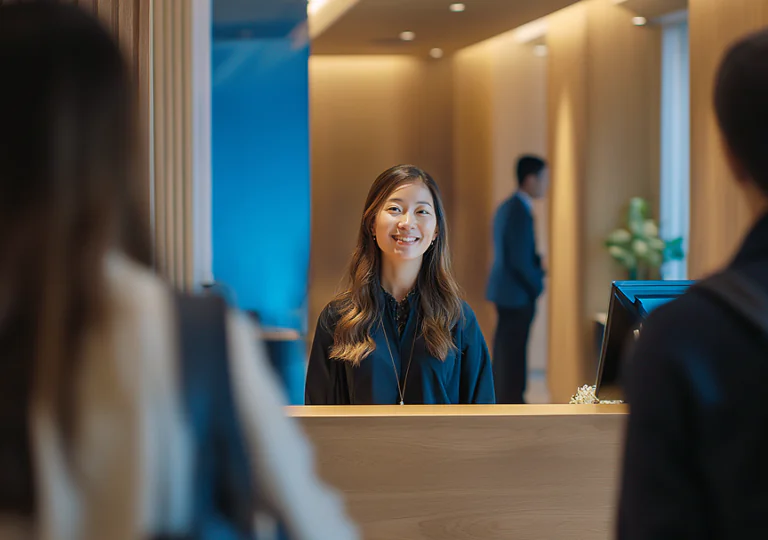 A smiling receptionist stands behind a wooden desk, greeting two people. The modern office features warm lighting, blue accents, and another person in the background near plants.