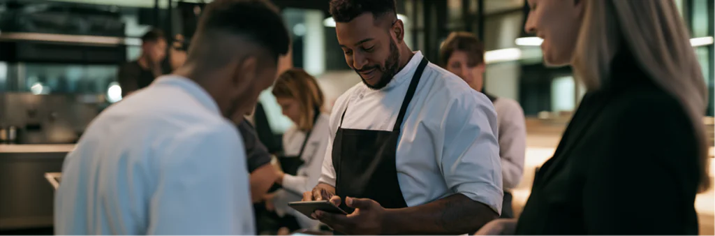 A chef in a black apron uses a tablet while talking with colleagues in a modern, busy kitchen. Other staff members work in the background.