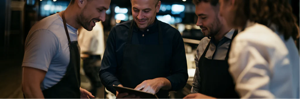 Four people wearing aprons stand together in a restaurant, looking at a tablet and smiling, possibly discussing work or reviewing information as a team.