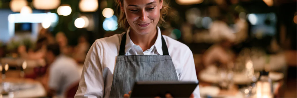 A smiling waiter in a white shirt and grey apron uses a digital tablet in a warmly lit restaurant, with blurred diners and tables in the background.