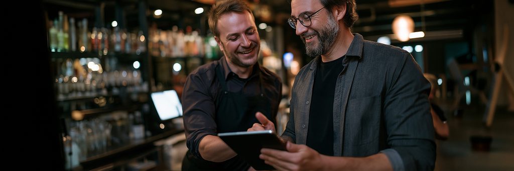A smiling barman and a customer look at a tablet together at a pub.