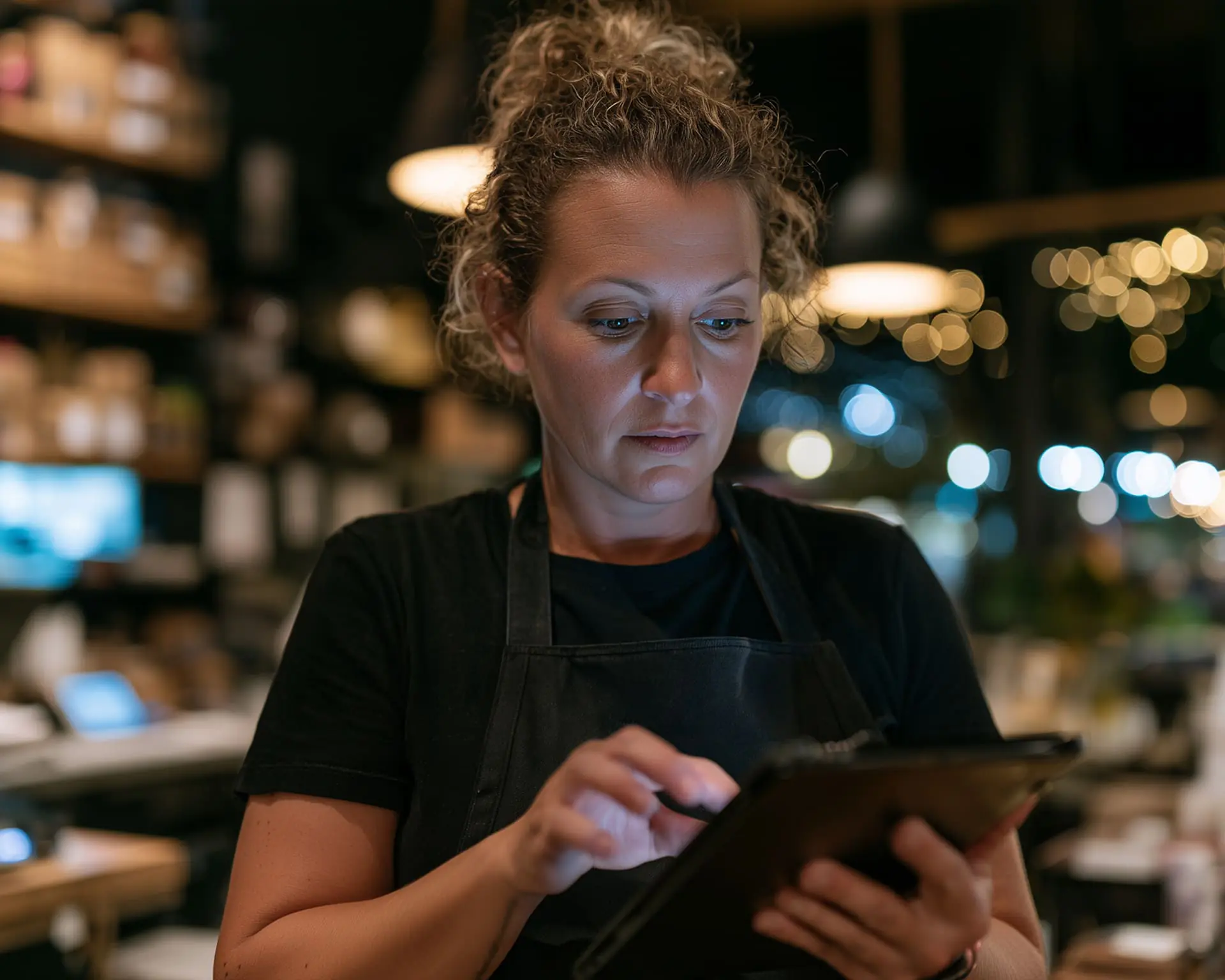 A woman wearing a black apron uses a tablet in a café.