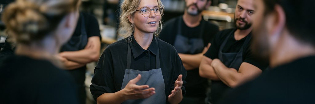 A woman in glasses and a grey apron speaks to a small group of kitchen staff wearing matching aprons.