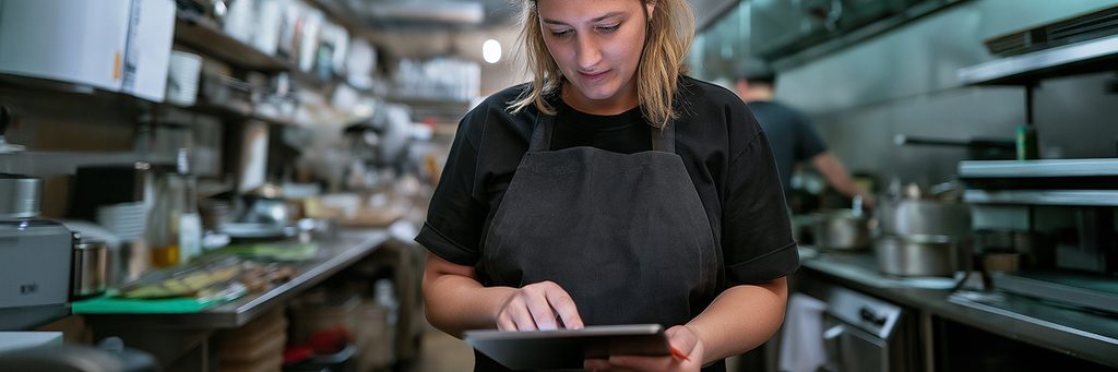 A chef in a black apron uses a tablet in a professional kitchen.