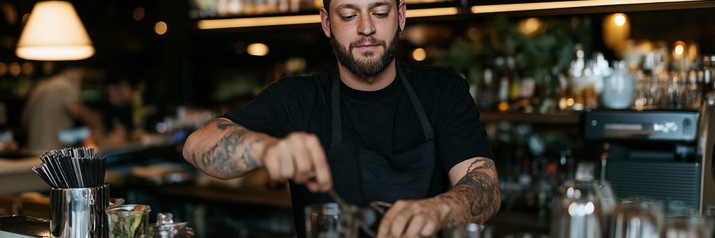 A bearded barman with tattoos on his arms preparing a drink behind a bar.