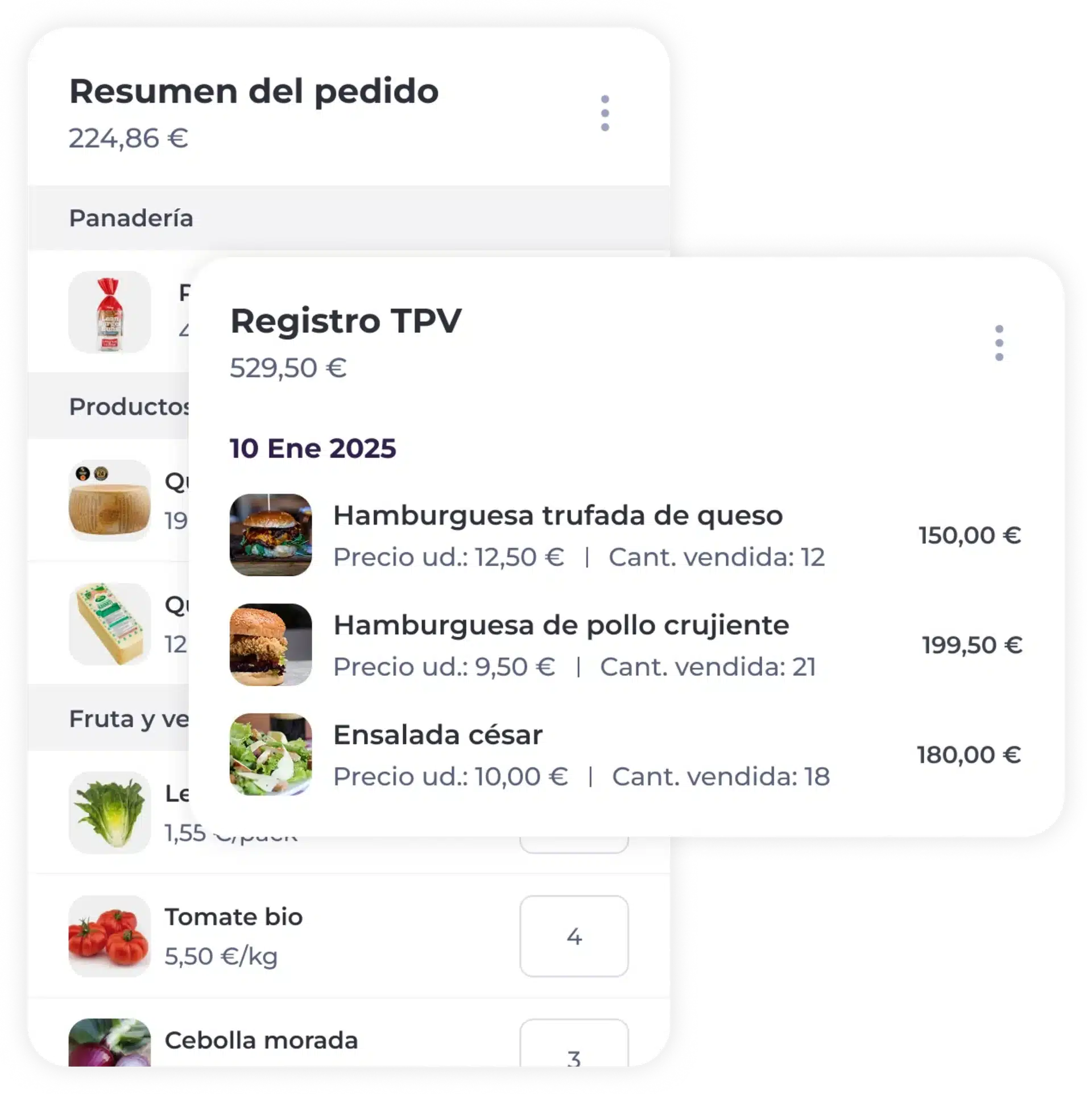 Superposición que muestra el resumen del pedido en español con los nombres de los productos, los precios de venta y las cantidades vendidas, incluyendo hamburguesas y ensaladas. El total de la venta asciende a 529,50 €. En el fondo se muestran más productos del menú y sus precios.