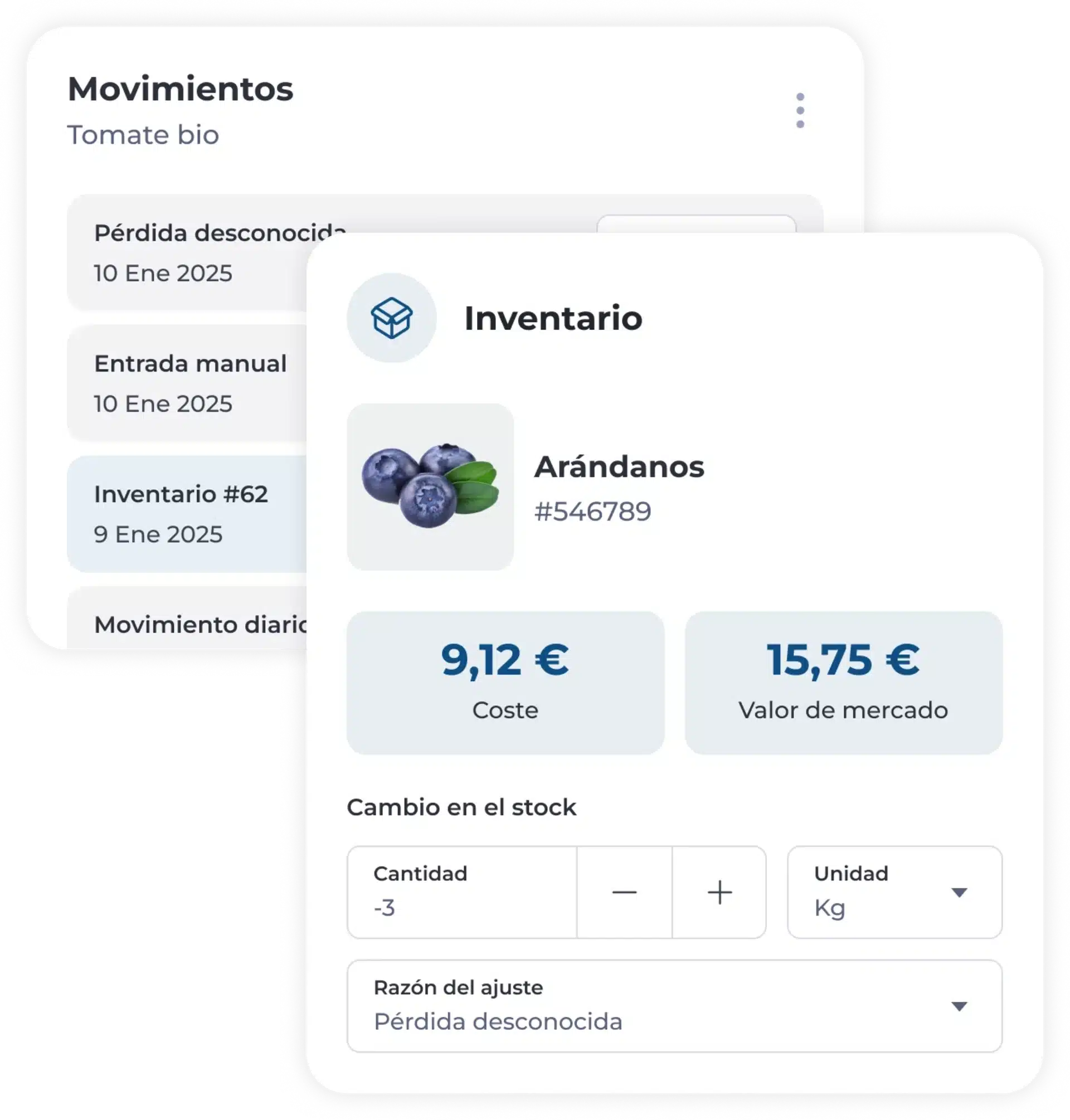 Ficha de inventario en la que aparecen arándanos con su código, su coste (9,12 €) y su valor de mercado (15,75 €). En el fondo se detallan los movimientos de existencias, las fechas y los motivos de los ajustes en español.