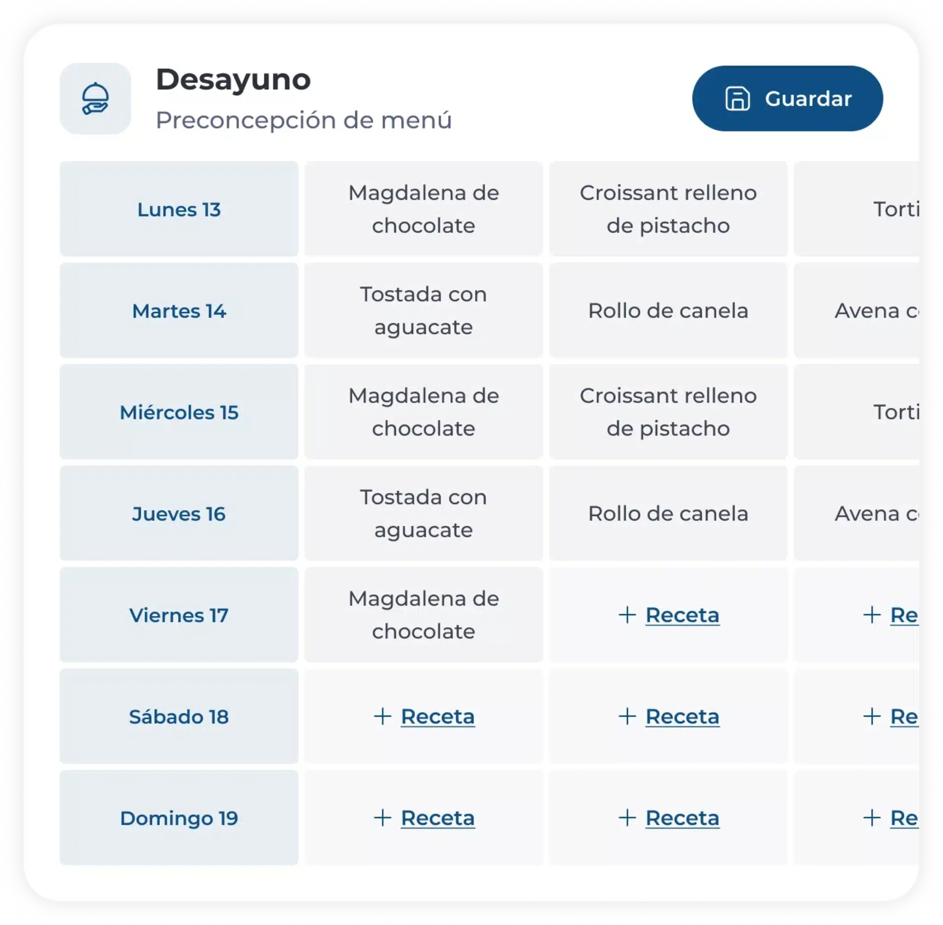 Una tabla con el menú semanal de desayunos en español muestra diferentes platos para cada día, como la magdalena de chocolate, el croissant relleno de pistacho y opciones para añadir recetas para el fin de semana.