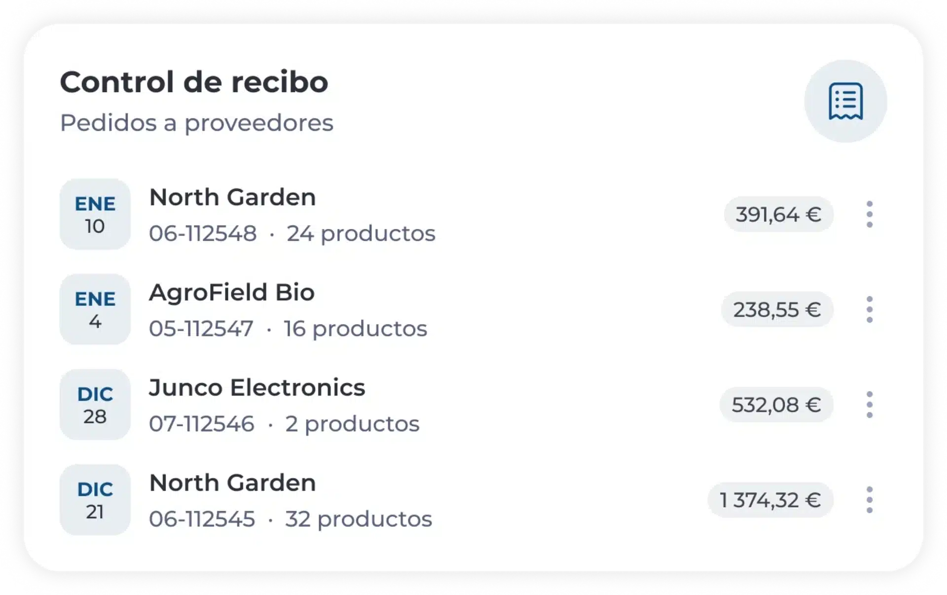 Una lista de control de recibos en español muestra cuatro pedidos a proveedores con las fechas, las empresas, las cantidades de productos y los importes en euros. Las empresas que figuran en la lista son North Garden, AgroField Bio y Junco Electronics.