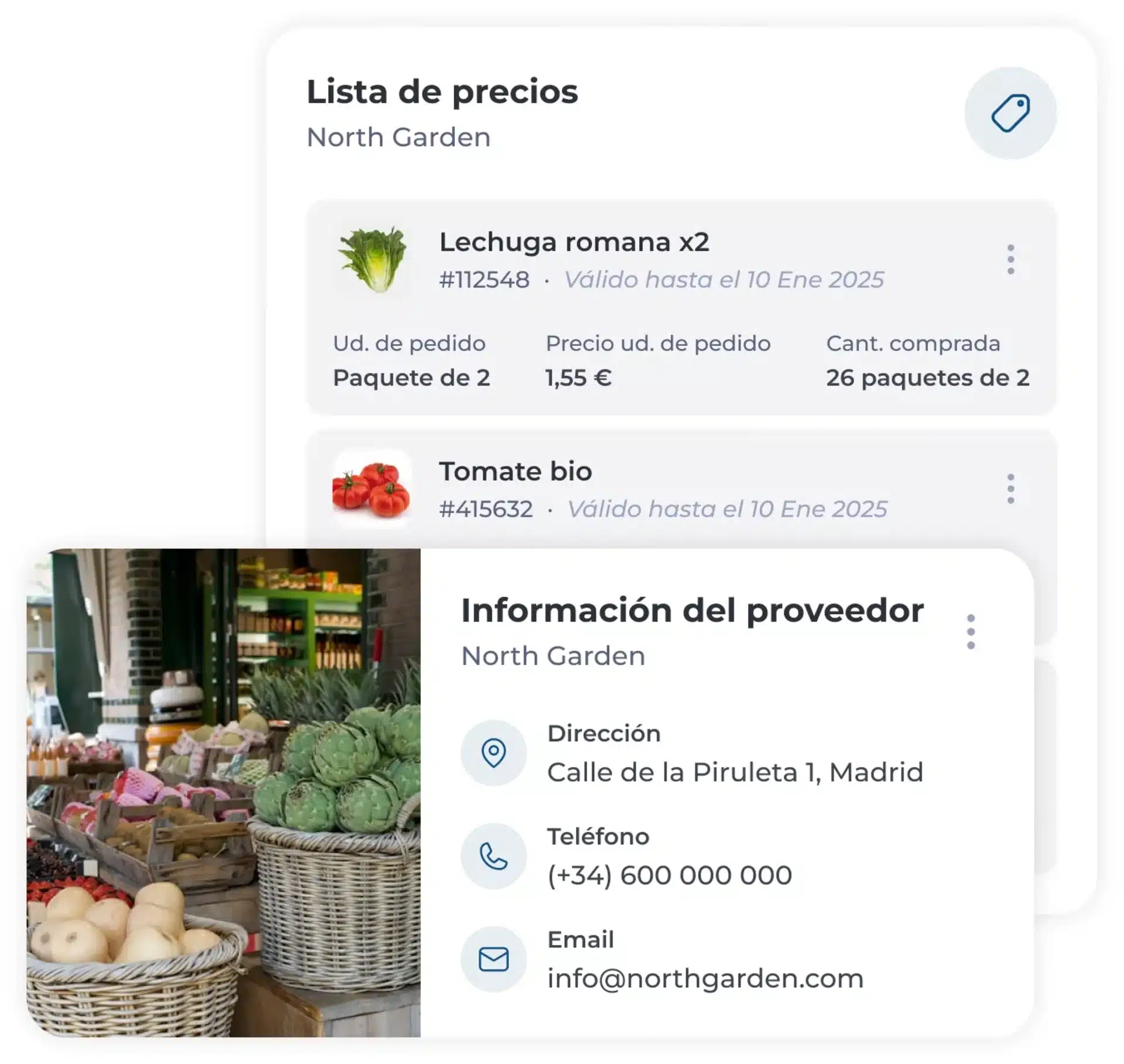 Dos tarjetas en español: una con los precios de la lechuga romana y el tomate ecológico, y la otra con la información del proveedor, que incluye la dirección, el teléfono, el correo electrónico y una foto de un puesto de mercado con verduras en cestas.