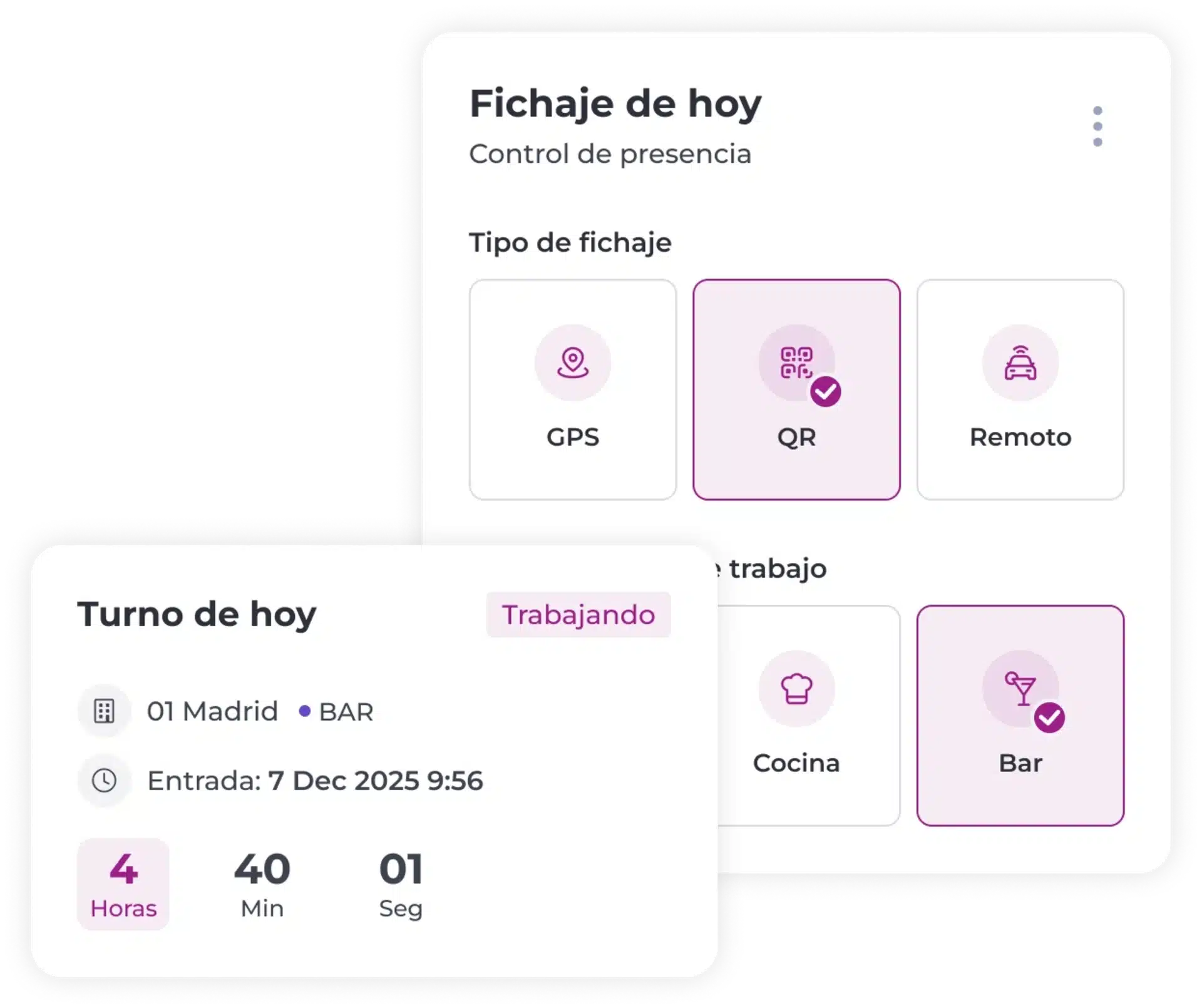 Panel de control con los detalles del turno de trabajo: turno en un bar de Madrid, hora de entrada: 7 de diciembre de 2025, a las 9:56. Se han trabajado cuatro horas, 40 minutos y 1 segundo. Se ha seleccionado «QR» como tipo de registro de entrada; se ha seleccionado «Bar» como zona de trabajo.