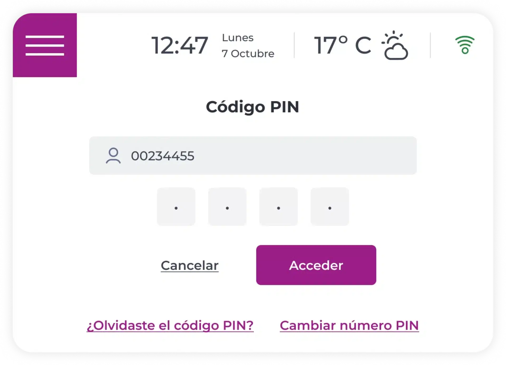 Una pantalla de inicio de sesión en español solicita un PIN de cuatro dígitos y muestra un campo de entrada enmascarado. Muestra la hora, la fecha y la temperatura, y ofrece opciones para cancelar, acceder, recuperar o cambiar el PIN.