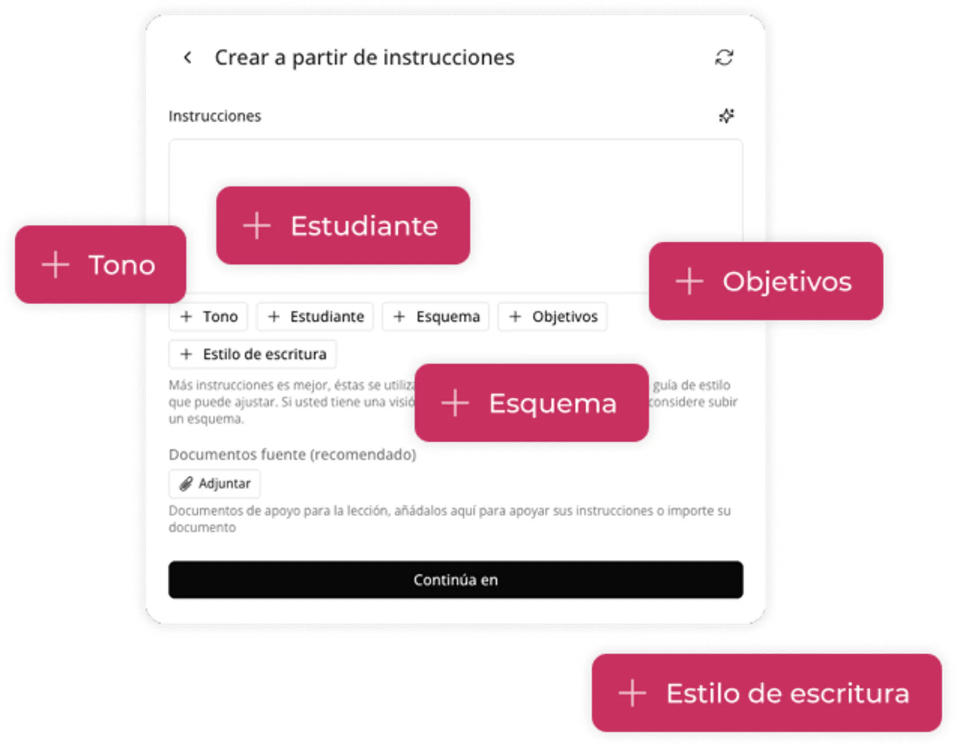 Captura de pantalla de un formulario en español para crear instrucciones, con etiquetas en rosa que resaltan las opciones: «Tono», «Estudiante», «Objetivos», «Esquema» y «Estilo de escritura». En la parte inferior hay un botón que dice «Continúa en».