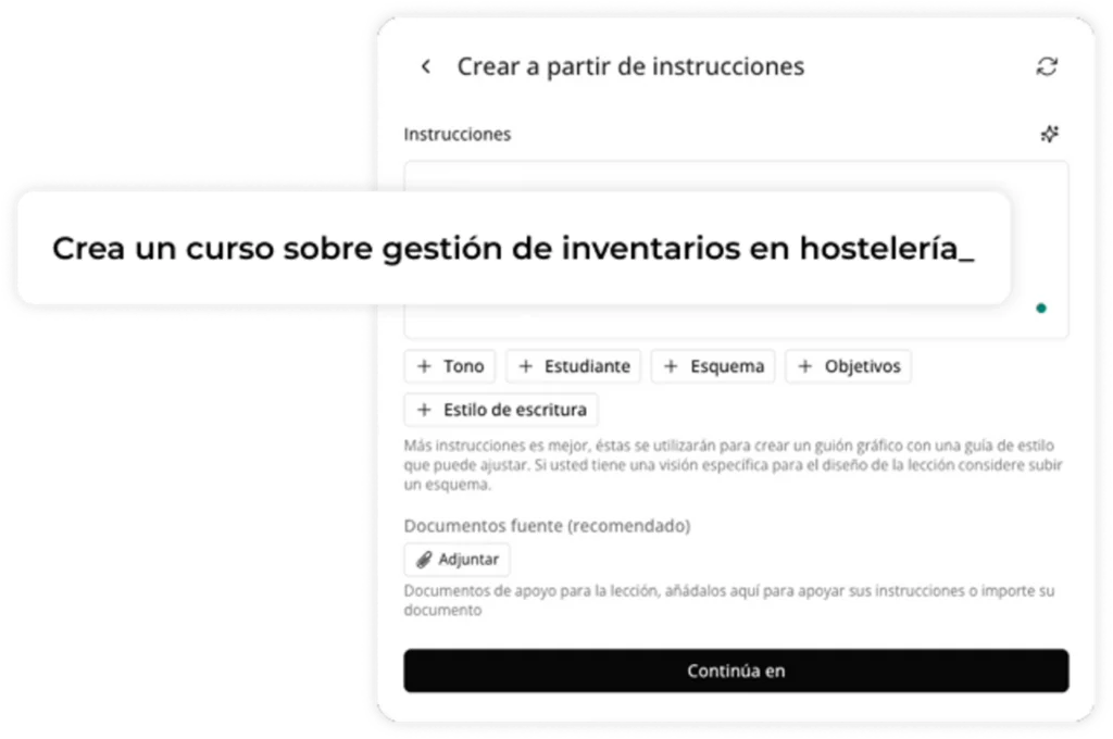 En una pantalla aparece el mensaje: «Crea un curso sobre gestión de inventarios en hostelería», con opciones para el tono, el tipo de alumno, el esquema y los objetivos, además de un botón con la etiqueta «Continúa en».