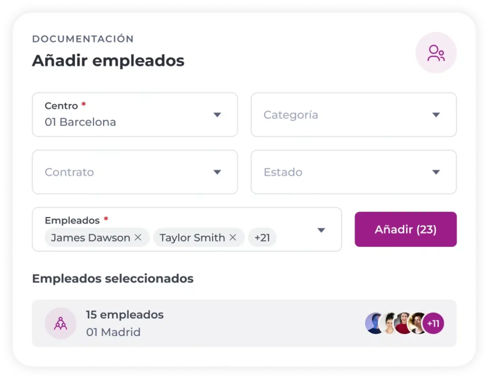 En el sistema de gestión documental para hostelería hay disponible un formulario web para añadir empleados, que muestra menús desplegables para centro, categoría, contrato, provincia y empleados seleccionados. Se pueden ver el botón «Añadir (23)» y una lista resumen de 15 empleados en Madrid.