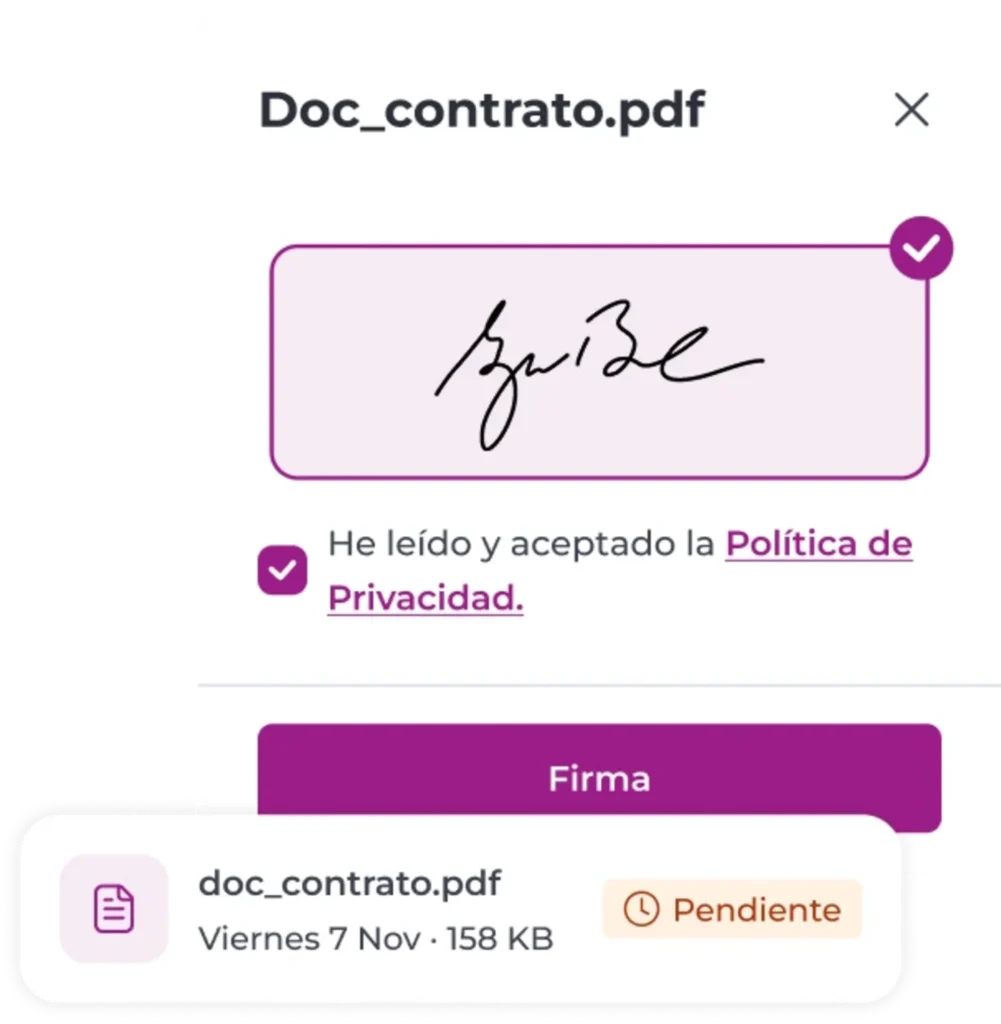 En un documento denominado «Doc_contrato.pdf» aparece una firma digital; la política de privacidad ha sido aceptada y el estado figura como «Pendiente». Al estar integrado en un sistema de gestión documental para hostelería, el cuadro de firma y el botón «Firma» aparecen resaltados en color morado.