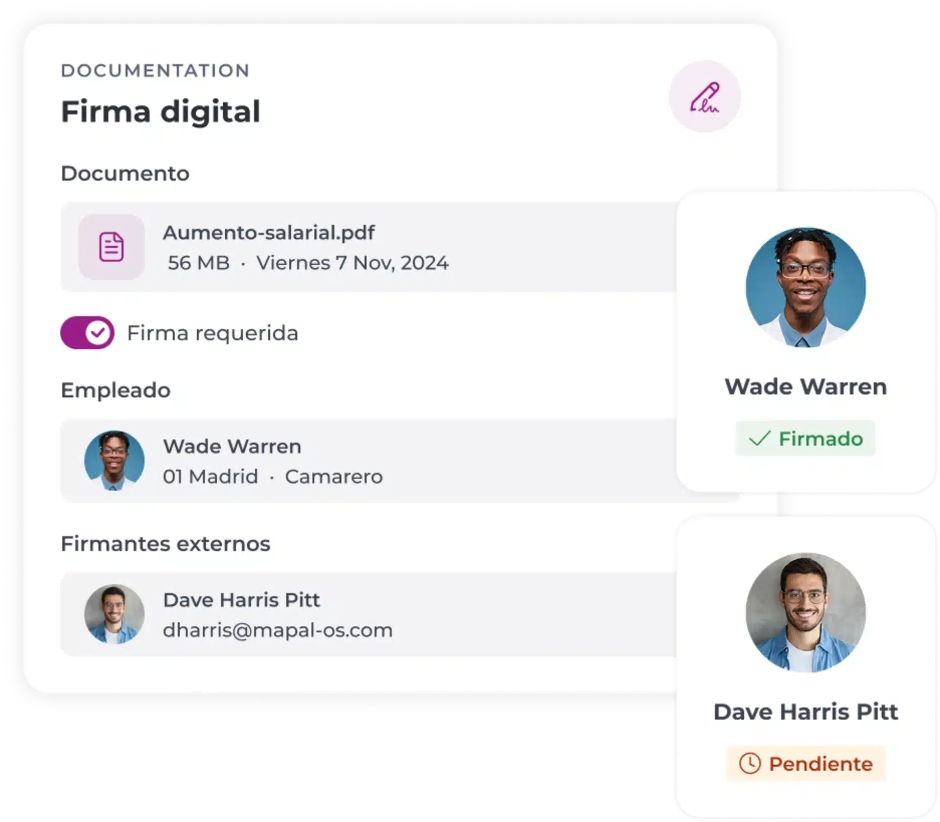 Una interfaz de documentos con firma digital diseñada para un sistema de gestión documental destinado al sector de la hostelería, en la que se muestra un archivo PDF, iconos de estado, a Wade Warren como «firmado» y a Dave Harris Pitt marcado como «pendiente», junto con sus fotos y sus funciones.