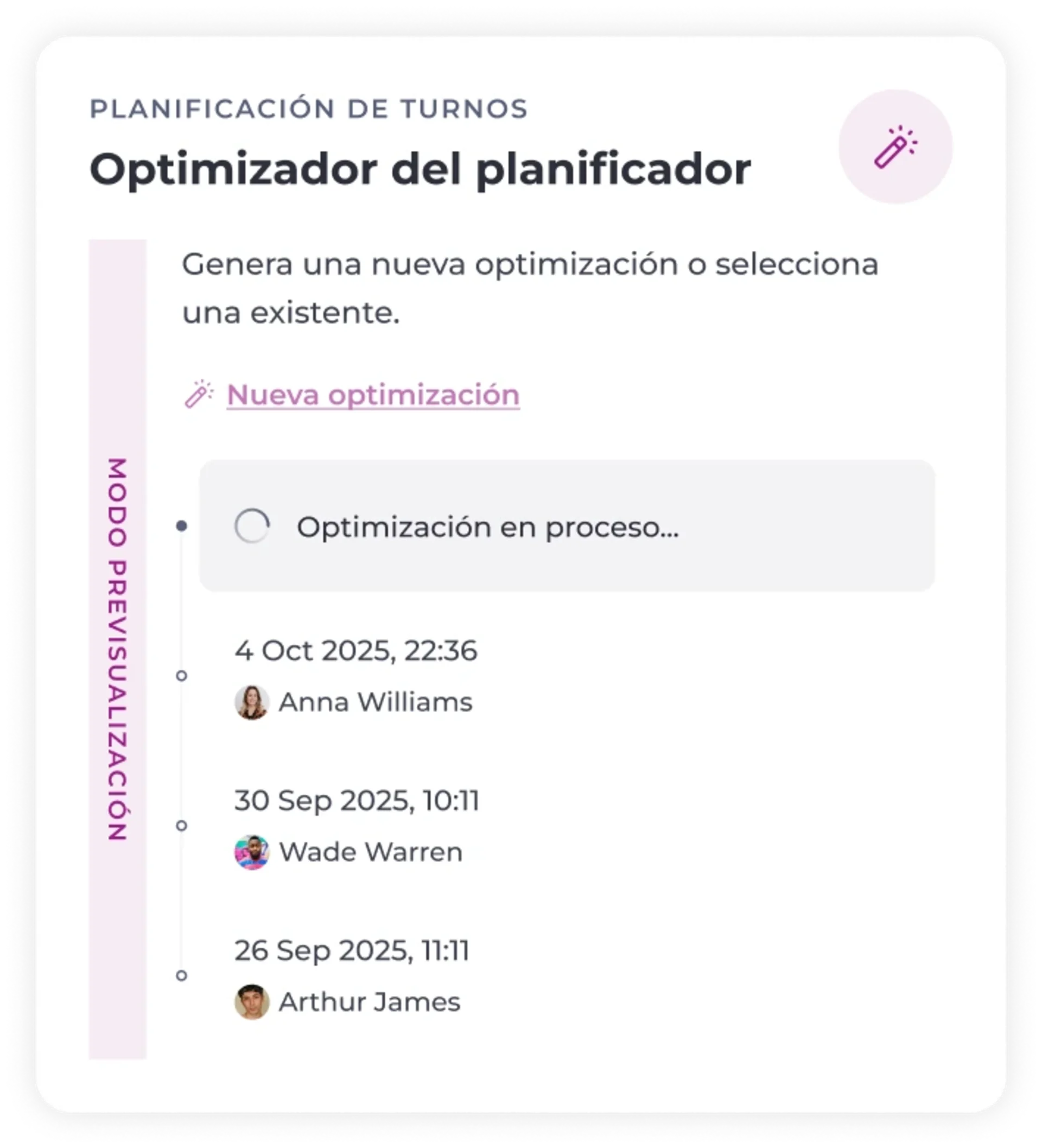 Una interfaz del optimizador de programación muestra las tareas de optimización en curso y las ya finalizadas, con sus fechas y nombres: Anna Williams, Wade Warren y Arthur James. En una barra lateral aparece la indicación «Modo de vista previa» en español.