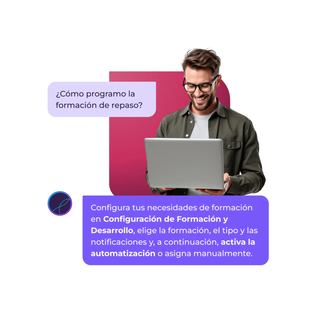 Un hombre sonriente, con gafas y un ordenador portátil, mira la pantalla. En un recuadro se lee: «¿Cómo programo la formación de repaso?». Debajo, otro texto explica cómo configurar y automatizar la formación en una plataforma.
