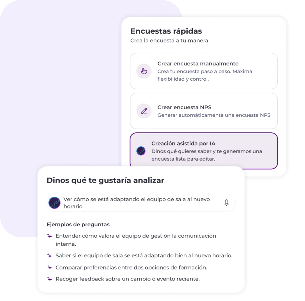 La imagen muestra una interfaz de encuesta en la que destacan tres opciones: crear una encuesta manualmente, crear una encuesta NPS y creación asistida por IA. A continuación se muestran ejemplos de preguntas para evaluar al equipo.