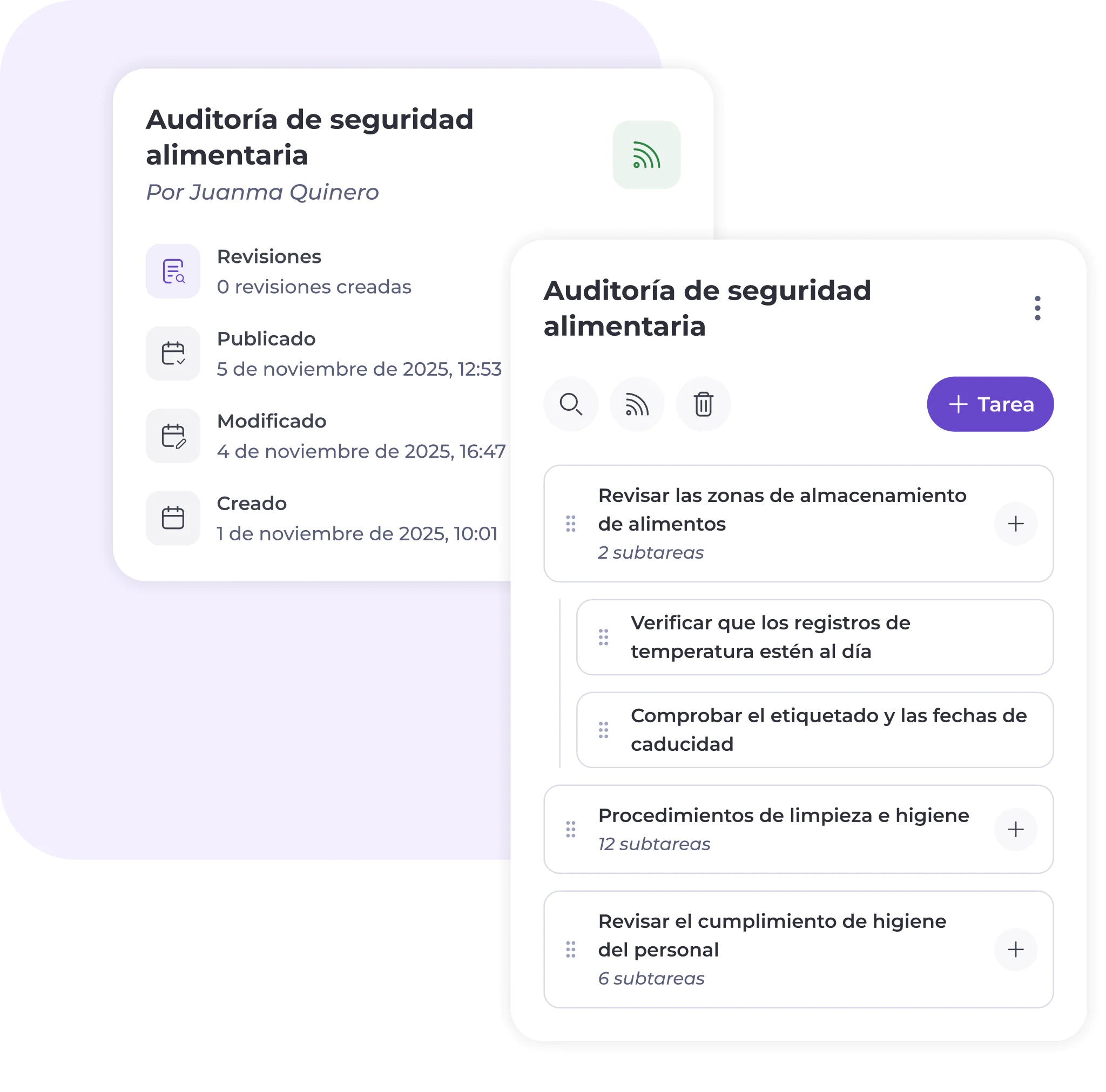 Dos paneles superpuestos muestran una lista de tareas de auditoría de seguridad alimentaria en español, en la que figuran apartados dedicados a las revisiones, las fechas de publicación y modificación, y una lista de comprobación de tareas con subtareas relacionadas con la higiene y el almacenamiento.