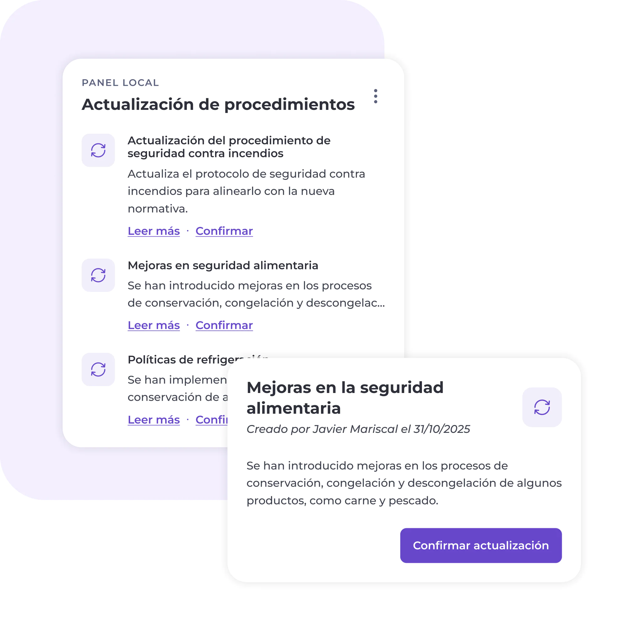 La interfaz de la aplicación, en español, muestra información actualizada sobre los procedimientos locales, incluidas las mejoras en materia de seguridad contra incendios y seguridad alimentaria, con opciones para obtener más información o confirmar las actualizaciones. Una ventana emergente destaca las mejoras en materia de seguridad alimentaria.