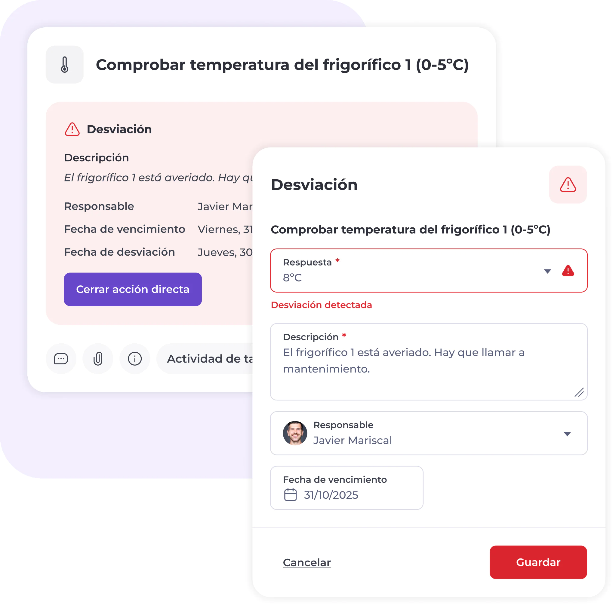 Un formulario digital en español sobre fondo blanco muestra detalles sobre cómo comprobar la temperatura de un frigorífico. Indica una desviación (8 °C), ofrece una descripción, el nombre de la persona responsable y la fecha límite, y cuenta con los botones «Guardar» y «Cancelar».