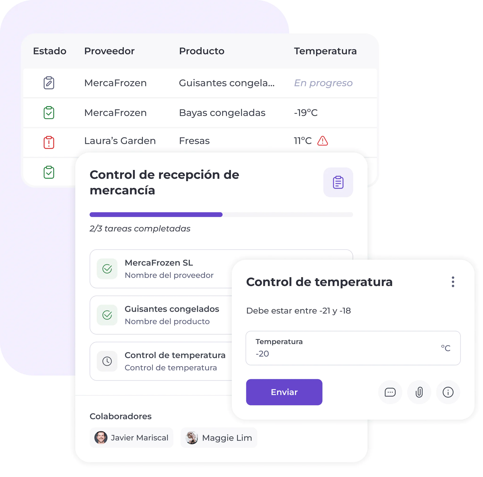 Un panel de control que muestra el estado del inventario, el control de productos y la supervisión de la temperatura. En él aparecen artículos como guisantes congelados, frutos del bosque y fresas, e incluye perfiles de los colaboradores y un valor de control de temperatura fijado en -20 °C.