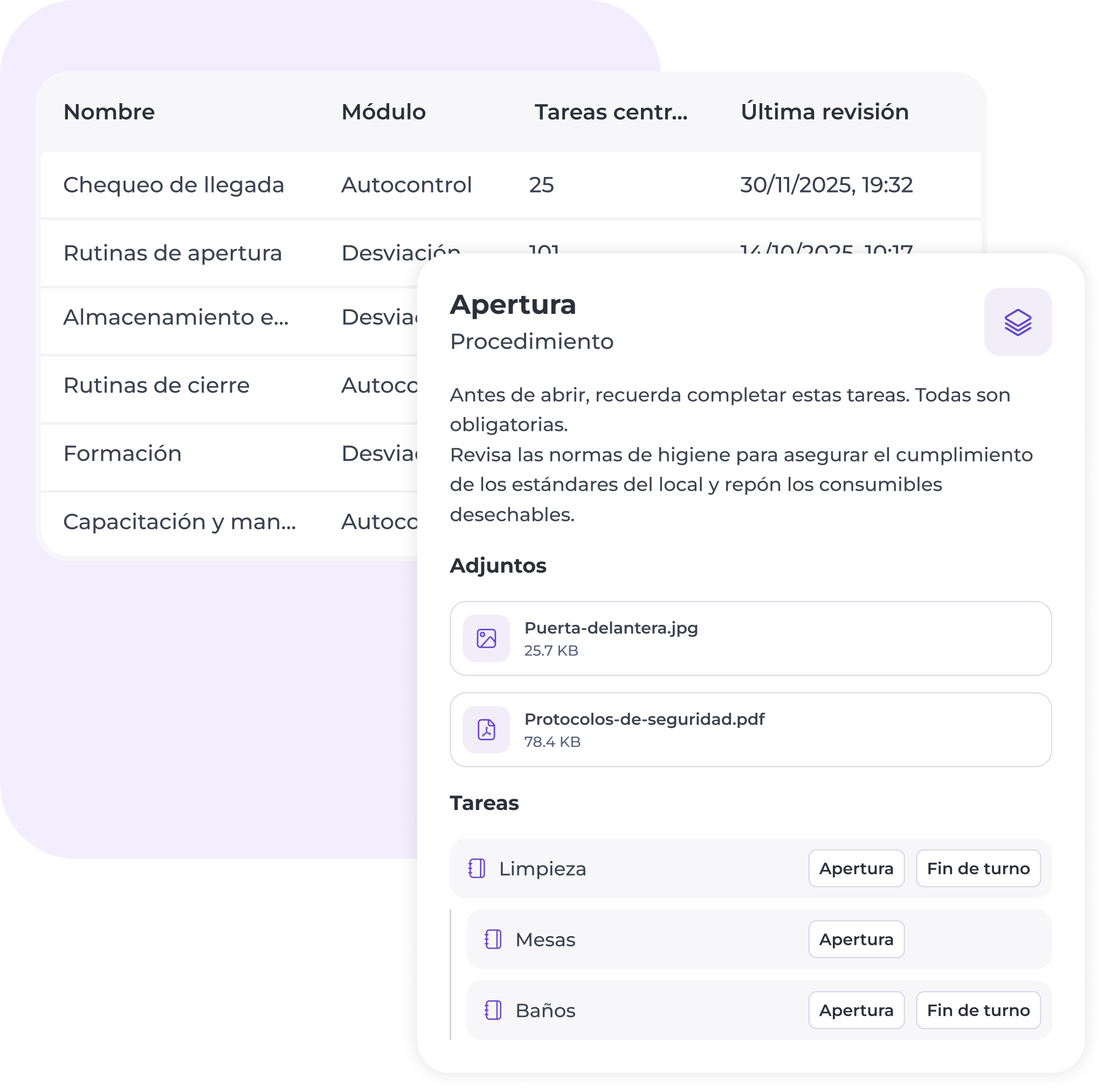 Un panel de control digital muestra un sistema de gestión de tareas. Un procedimiento de «Apertura» resaltado incluye instrucciones, dos archivos adjuntos y una lista de tareas («Limpieza», «Mesas», «Baños») con los botones «Apertura» y «Fin de turno».