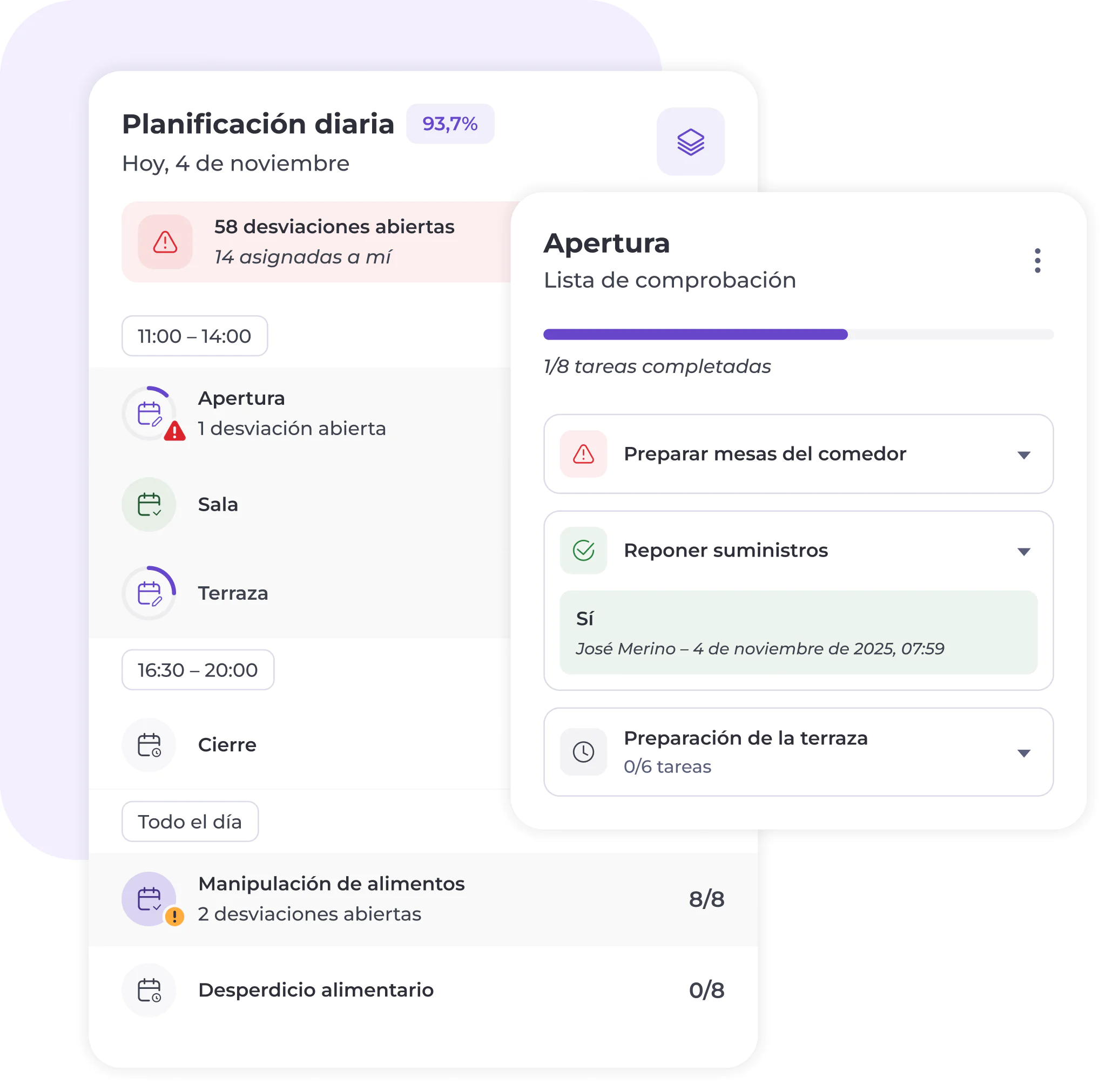 Interfaz móvil que muestra una aplicación de planificación diaria en español. Muestra el horario de hoy, las tareas pendientes y una lista de comprobación detallada para la «Apertura» (apertura), en la que se destacan los avances y la preparación del suministro de alimentos.