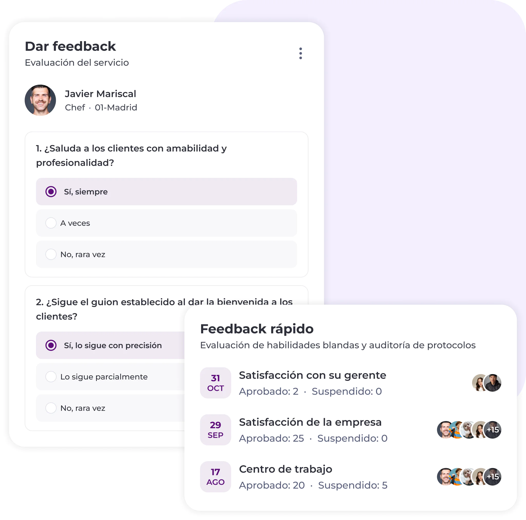 Un formulario digital de comentarios muestra preguntas con respuestas de opción múltiple sobre el servicio de atención al cliente. Junto a él hay un resumen de los comentarios recientes con fechas, estadísticas de aprobación e iconos pequeños con los perfiles de los usuarios.