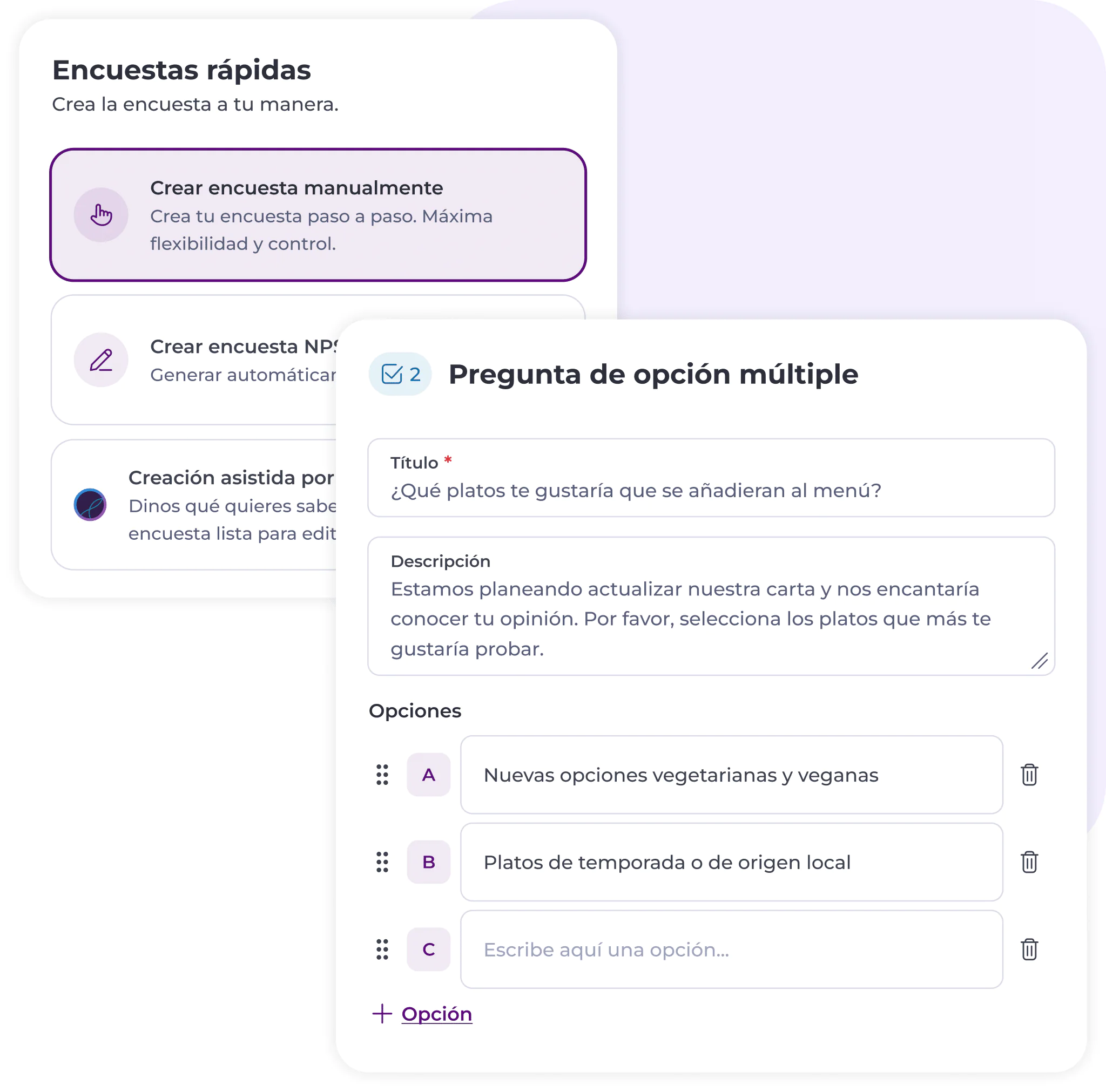 Captura de pantalla de una interfaz para crear encuestas en español. El usuario selecciona «Crear encuesta manualmente» y está creando una pregunta de opción múltiple sobre los platos del menú, en la que se muestran tres opciones de respuesta.