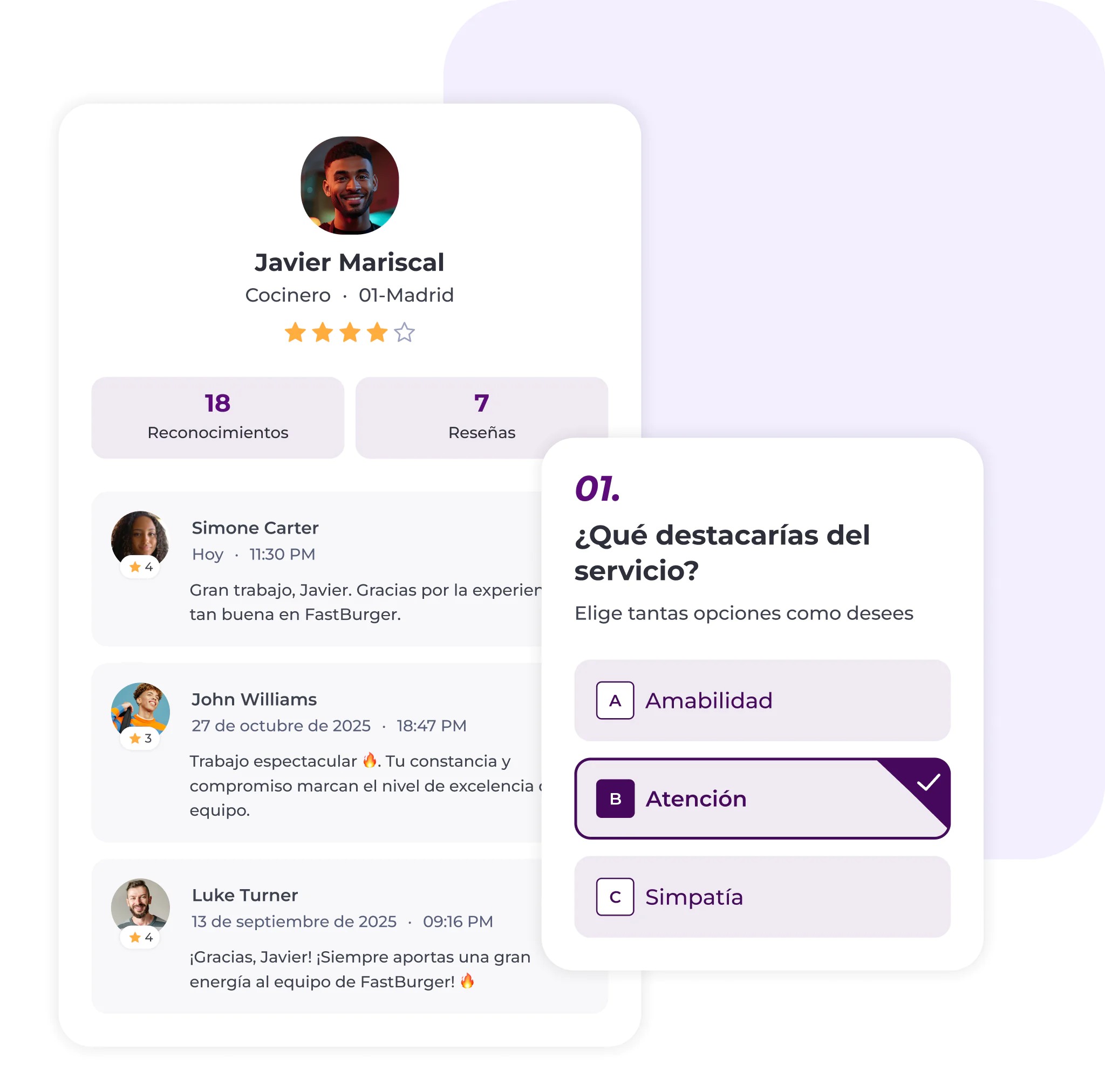 El perfil de Javier Mariscal, chef de Madrid, muestra sus reconocimientos y reseñas. A continuación, los usuarios dejan sus comentarios. A la derecha, una encuesta pregunta: «¿Qué destacarías del servicio?», con la opción «Atención» seleccionada.