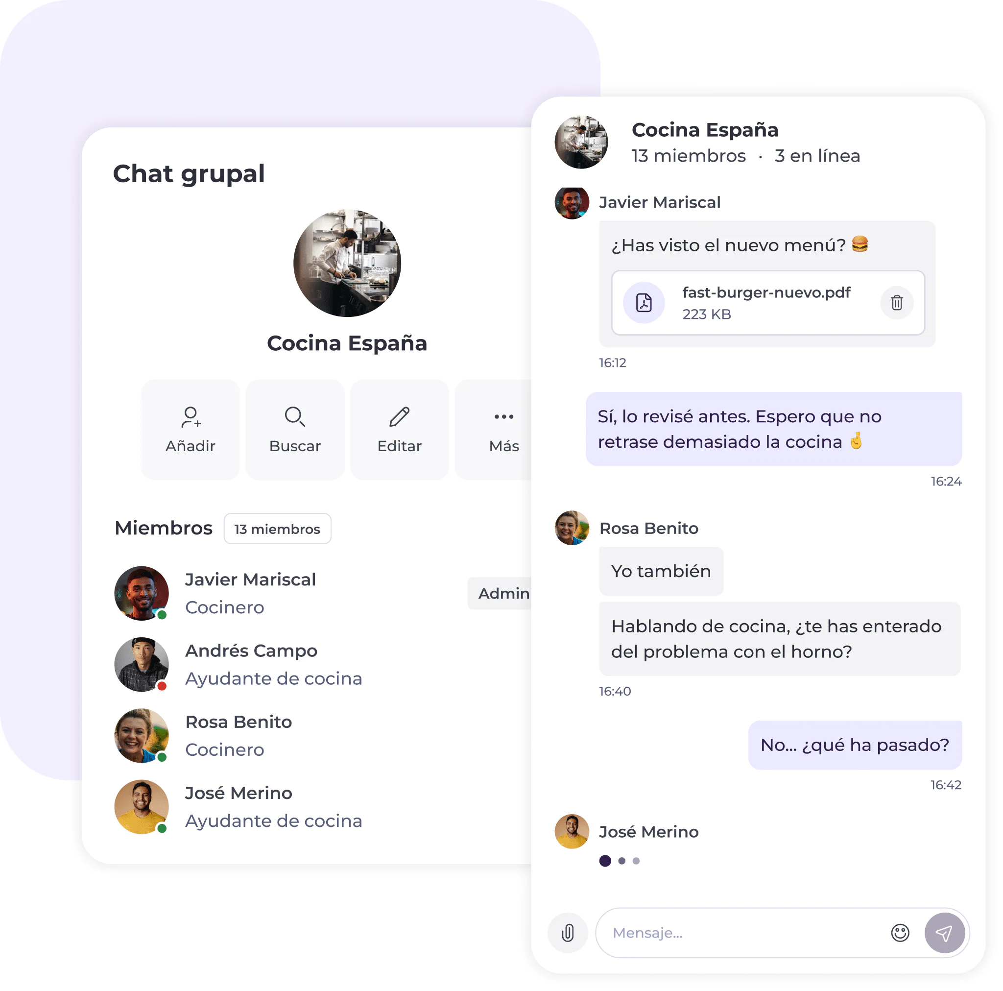 Captura de pantalla de un chat grupal llamado «Cocina España», en el que los miembros comentan un nuevo menú en formato PDF y un posible problema en la cocina. La lista de miembros y la conversación del chat se ven sobre un fondo blanco.