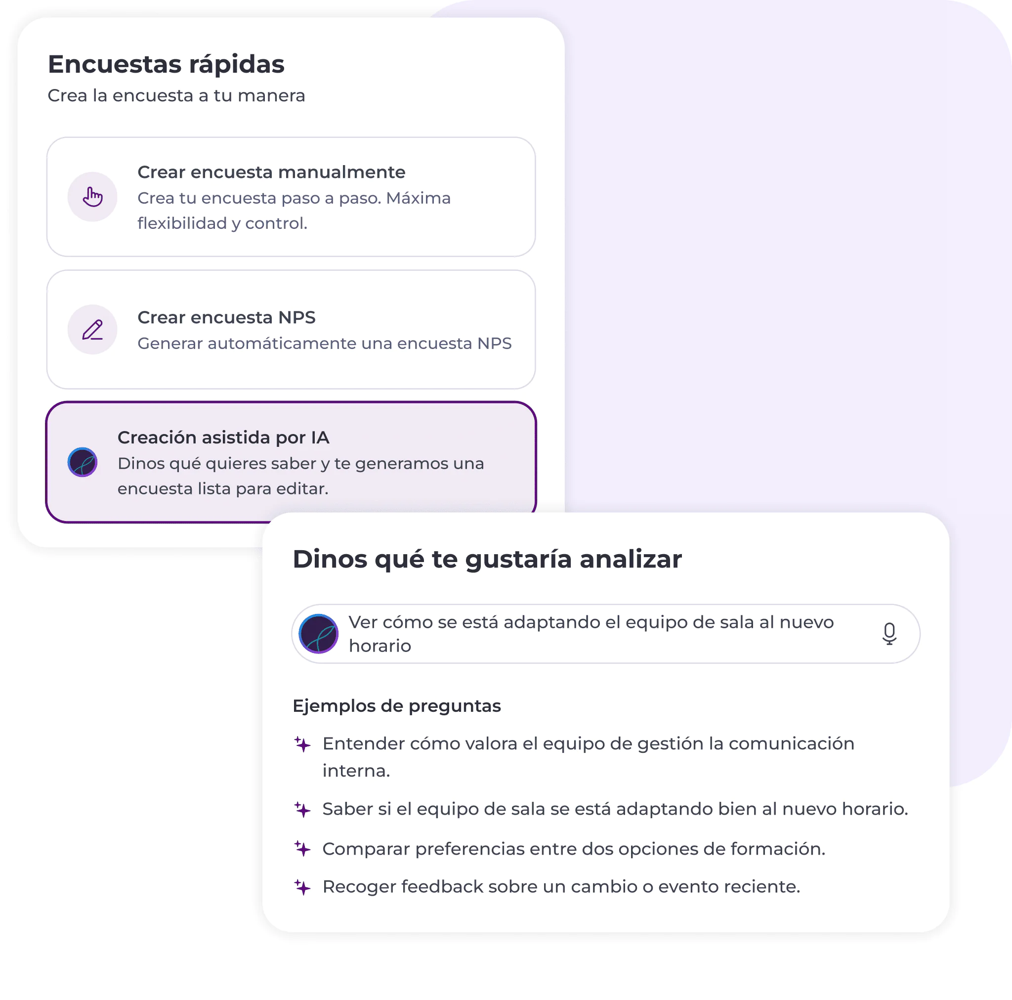 Interfaz de una plataforma con opciones para crear encuestas rápidas: de forma manual, mediante el NPS o con ayuda de la IA. Se muestra un cuadro para introducir el tema de la encuesta y ejemplos de preguntas sugeridas.