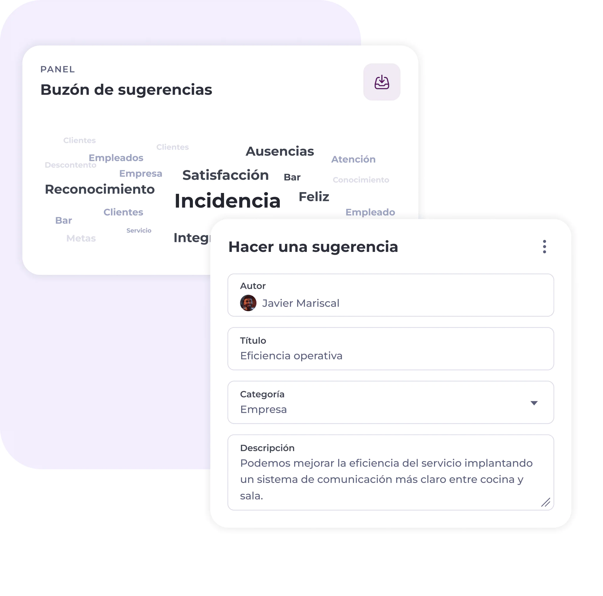Captura de pantalla de un panel de sugerencias en español en el que se muestra una nube de palabras con términos como «Incidencia» y «Reconocimiento», así como un formulario de sugerencias en el que figura «Eficiencia operativa» y una descripción sobre la eficiencia del servicio.