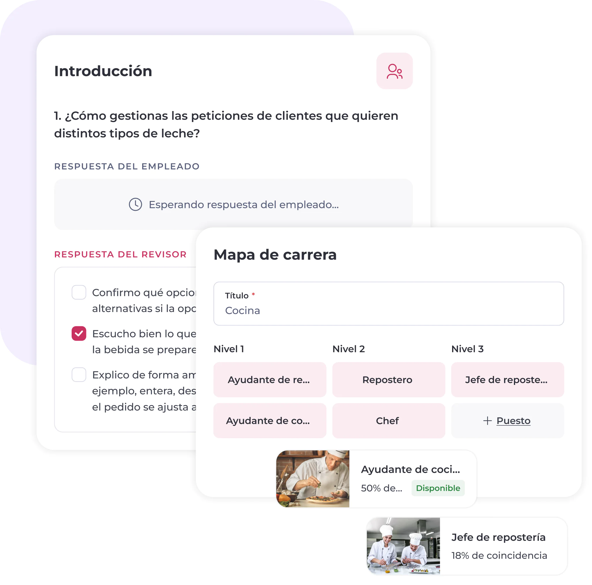 Captura de pantalla de una plataforma en español, en la que se muestra una pregunta de repaso sobre la gestión de los pedidos de leche y un mapa de trayectoria profesional en el ámbito de la cocina, con puestos como pastelero, chef y ayudante de cocina.