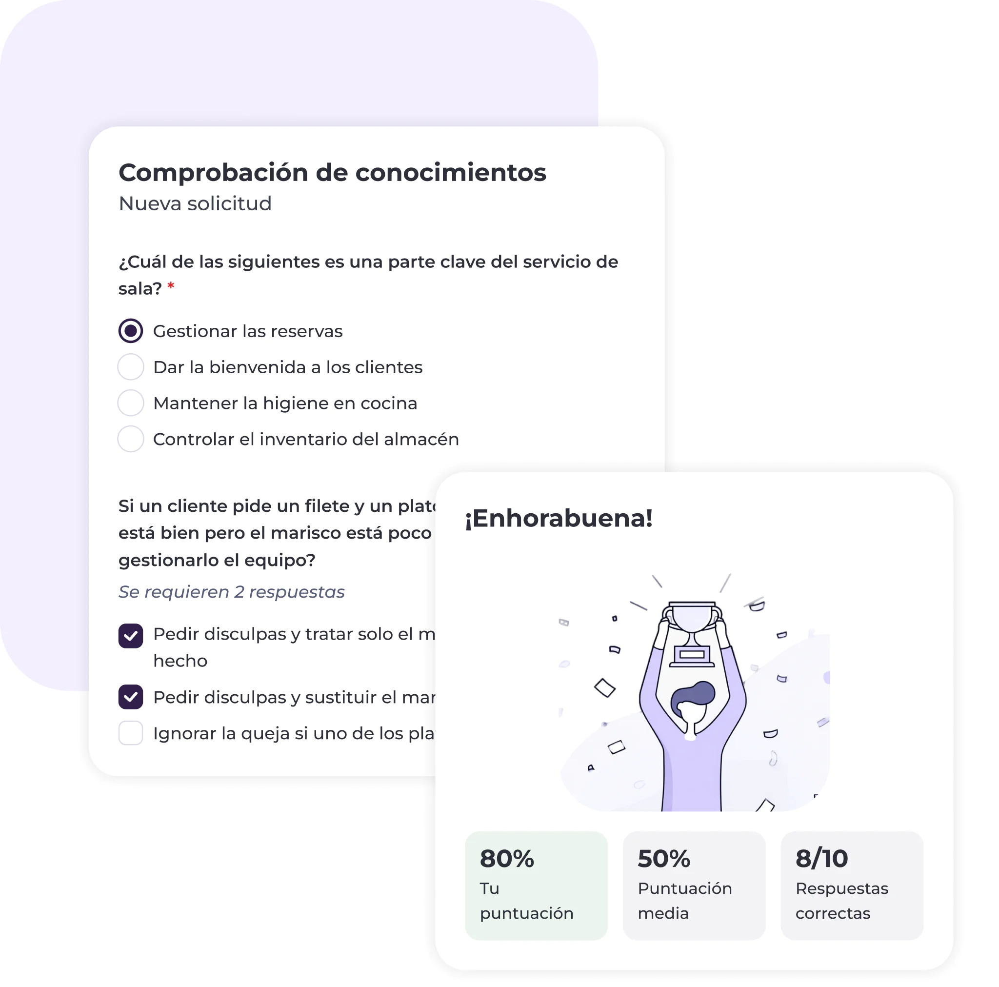 Se muestran dos fichas de preguntas. La primera contiene preguntas con respuestas de opción múltiple sobre el servicio, y la segunda muestra los resultados: «¡Enhorabuena!» junto a la imagen de una persona sosteniendo un trofeo, y una puntuación del 80 %, con 8 respuestas correctas de 10.
